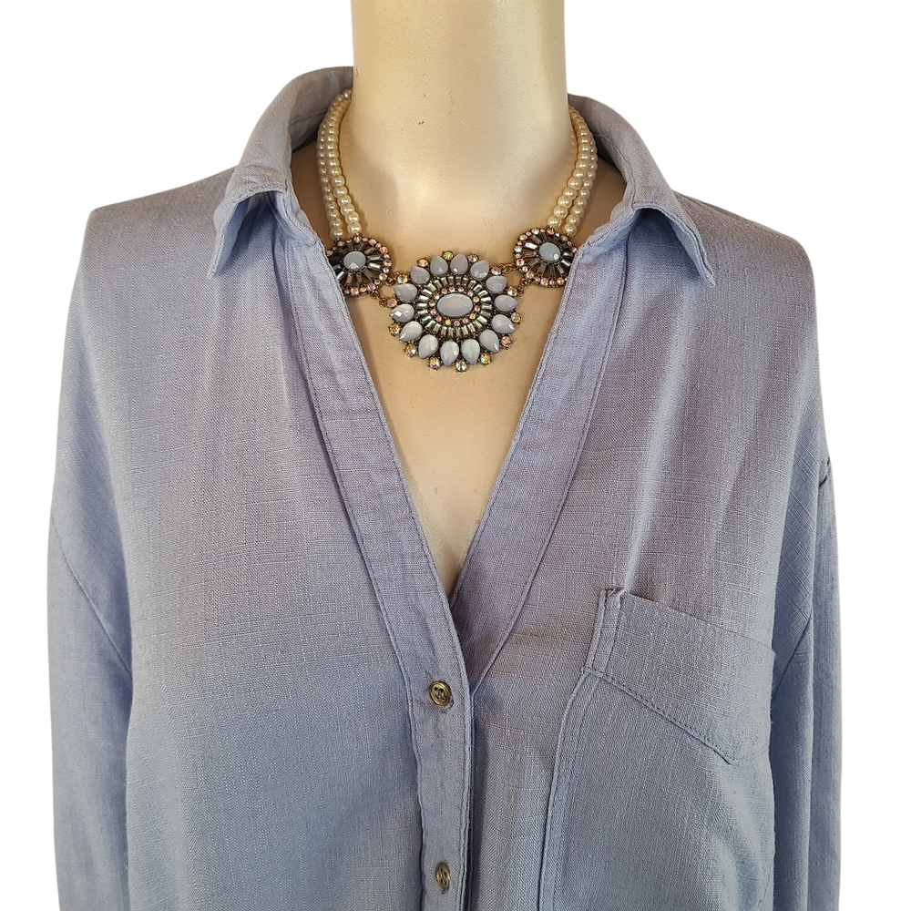 Oak & Trellis Light Blue Linen Blend Roll-Tab Sleeve Button Down Shirt XL
